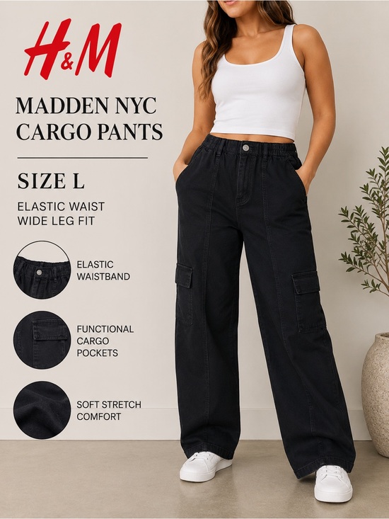 H&M Pants - Madden NYC Black Cargo Pants Elastic Waist Wide Leg Large L